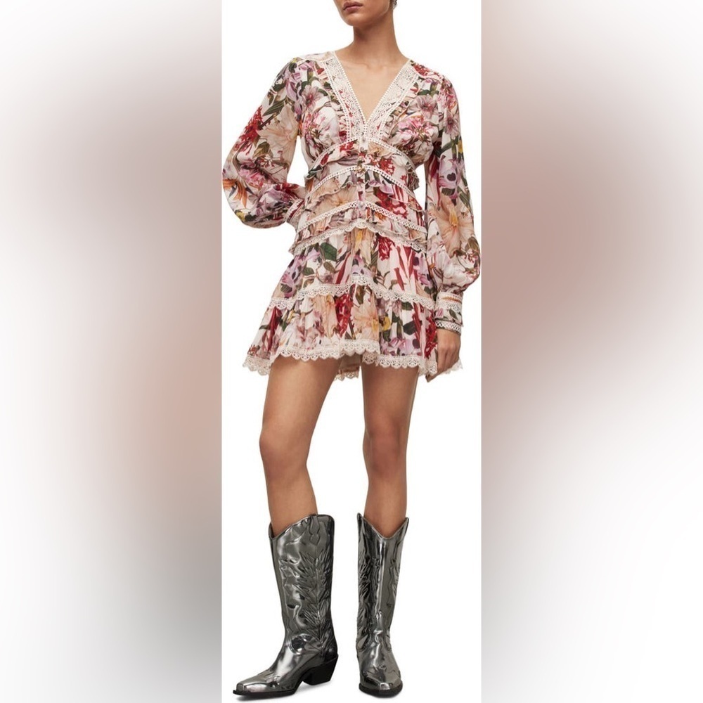 All Saints Red Green Multicolor Zora Leondra Floral Print Long Sleeve Dress 6